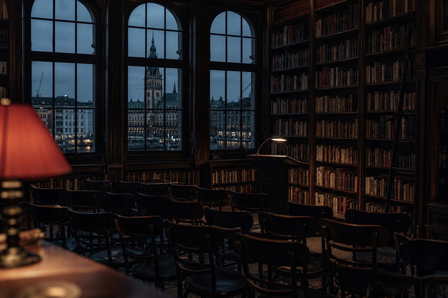 Bestuhlter Saal vor einem Lesepult bei einer literarischen Lesung