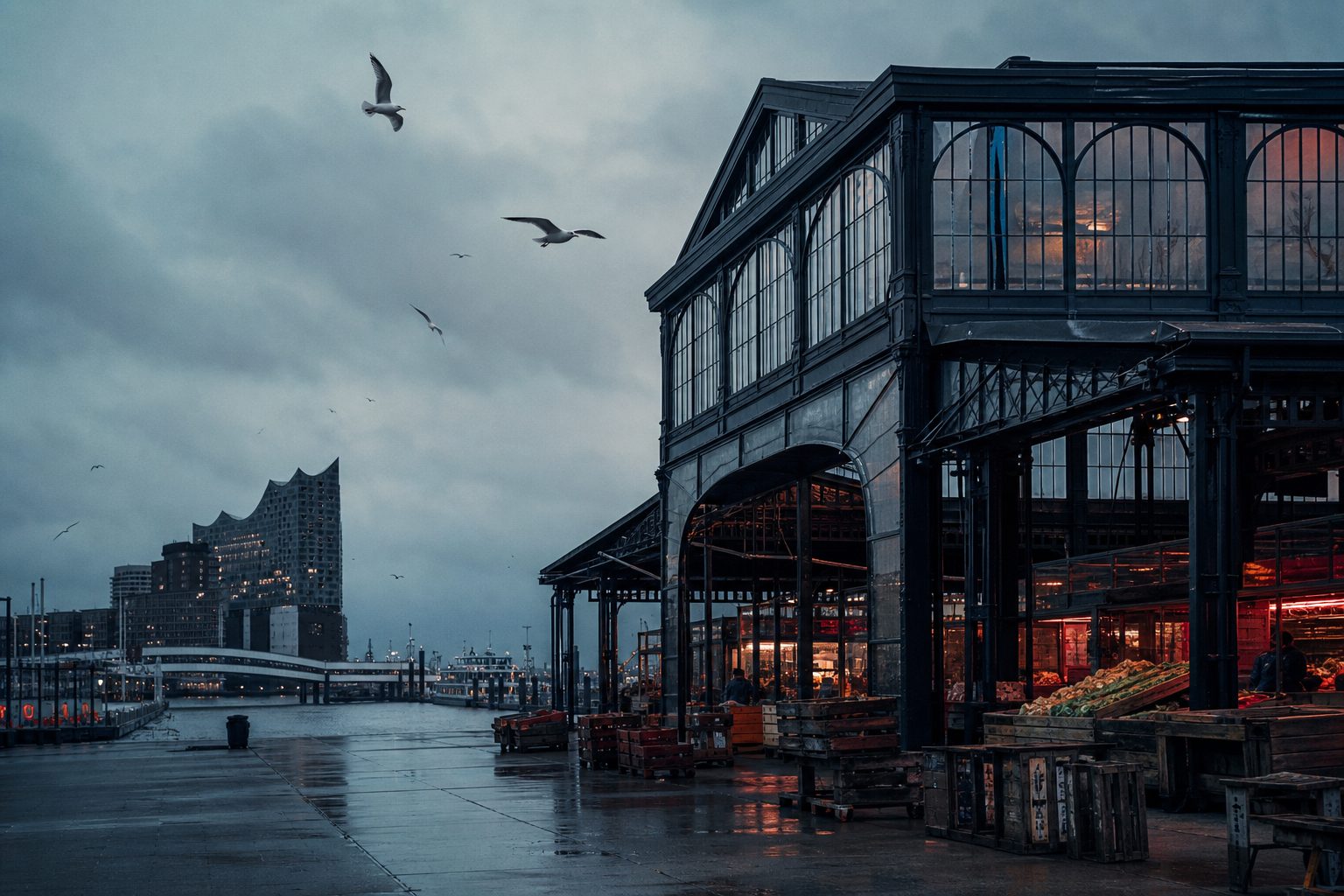 Die historische Fischauktionshalle am Wasser im Morgenlicht