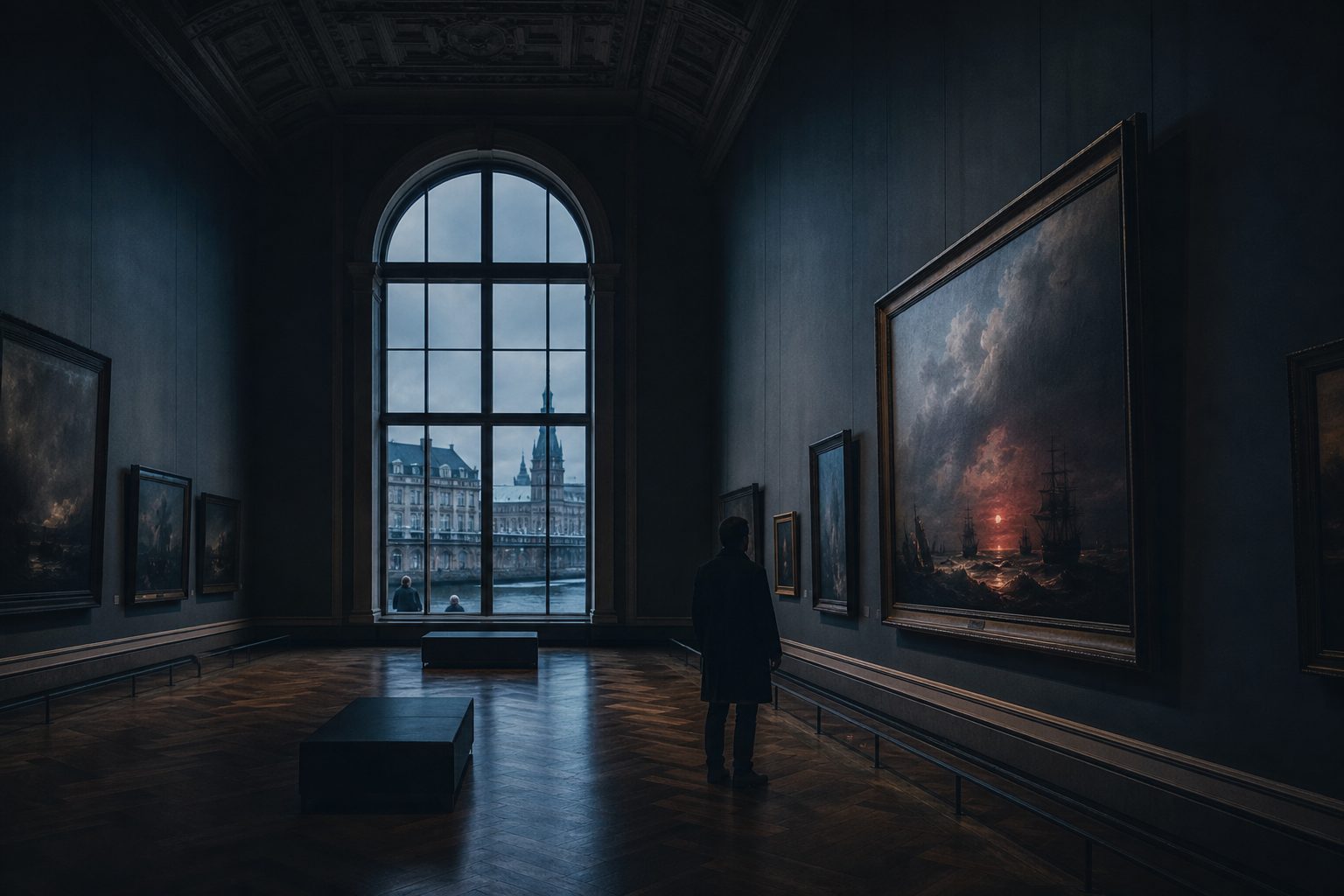 Galeriesaal mit gerahmten Werken in einem Hamburger Kunsthaus