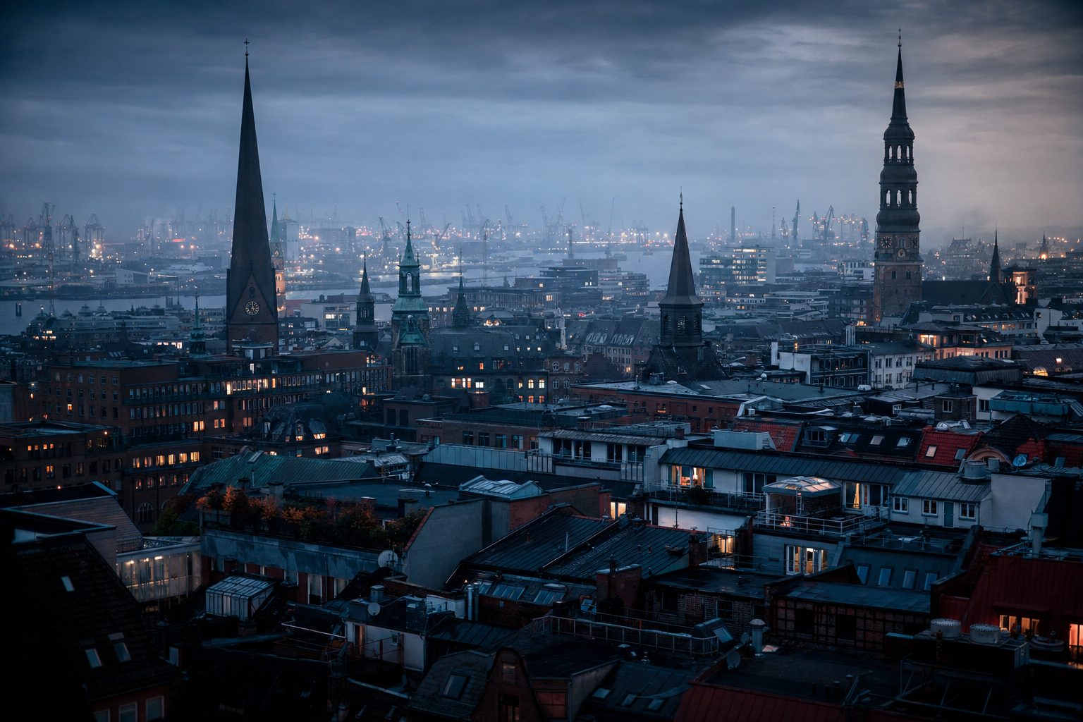 Blick über die Dächer eines Hamburger Stadtteils mit Backsteinfassaden und Hafensilhouette im Hintergrund