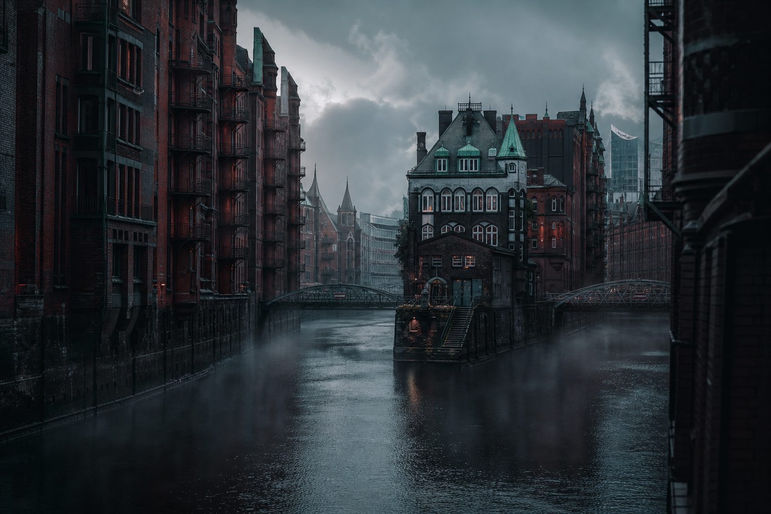 Backsteinlagerhäuser der Hamburger Speicherstadt mit grünen Kupferdächern, gespiegelt in einem ruhigen Fleet